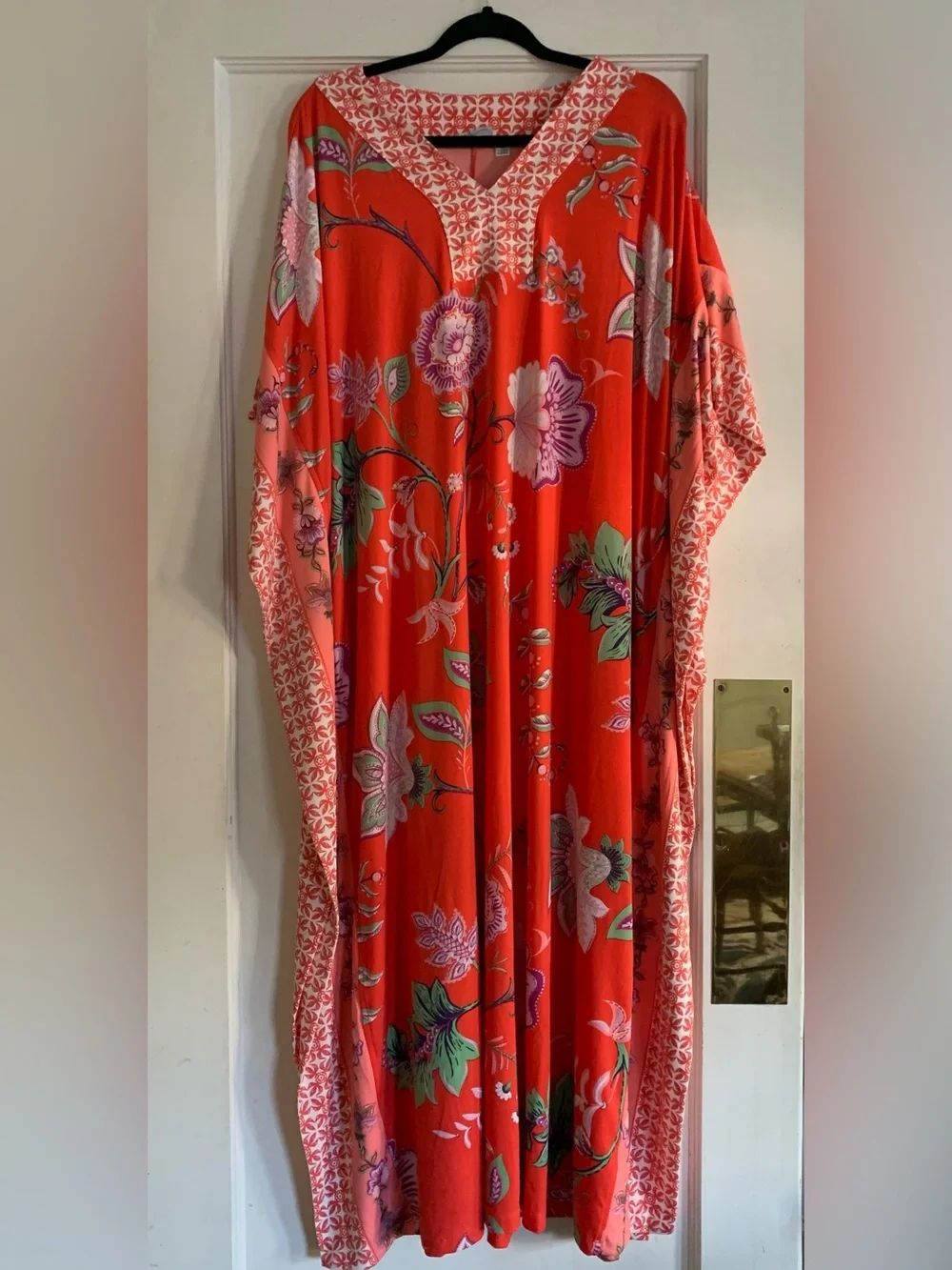 Joan Rivers Women's Luxe Knit Floral Caftan Sunset Coral 2X Bohochic Vacation